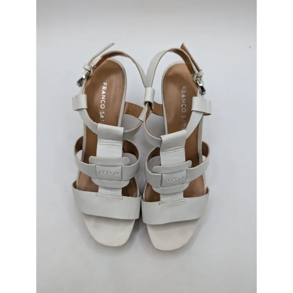 Franco Sarto White Leather Strappy Cork Wedge Sandals Size 7 With Adjustable Buc